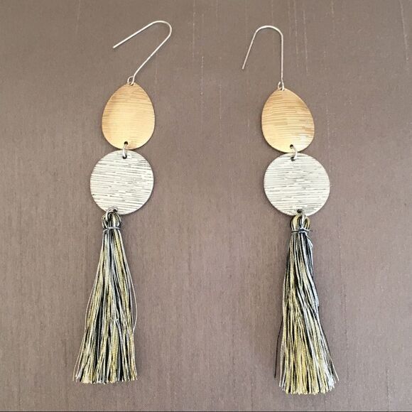 Tassel Metallic Silver Gold Tone Drop Earrings NWT - Picture 2 of 8